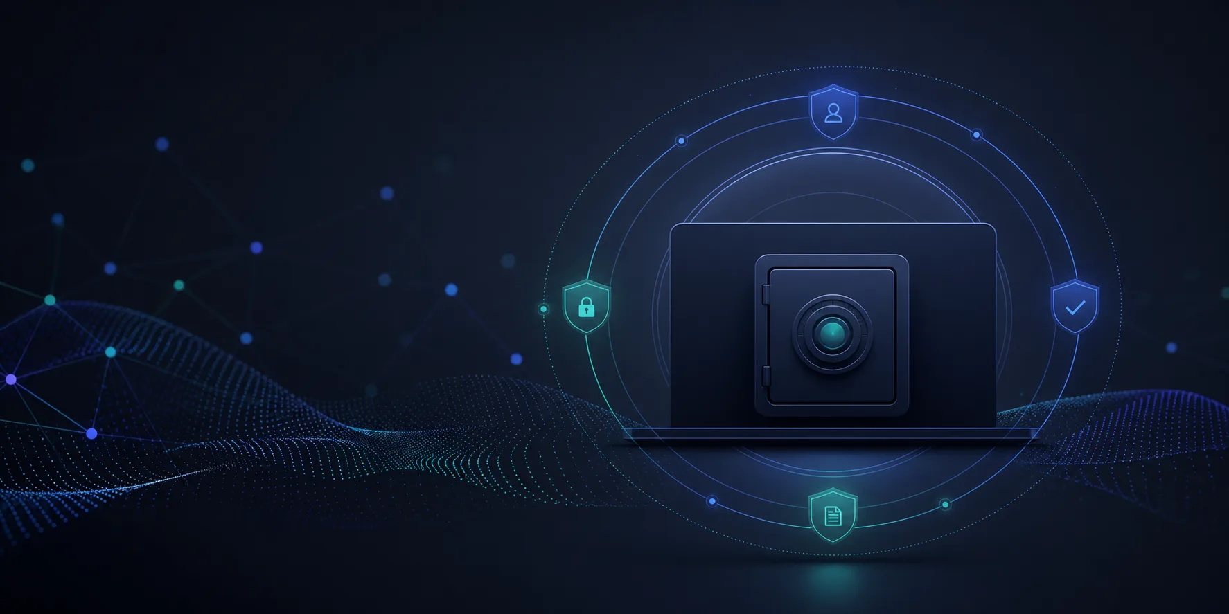 Abstract local-first privacy illustration with protected device layers and encrypted research artifacts