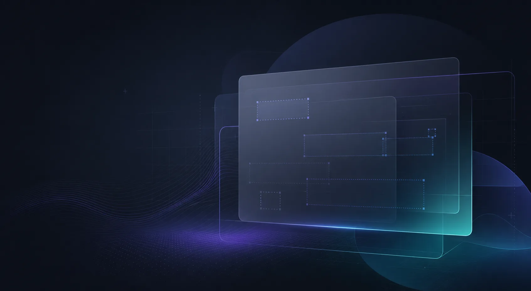 Abstract screen analysis layers with detection boxes and OCR regions on a dark technical background